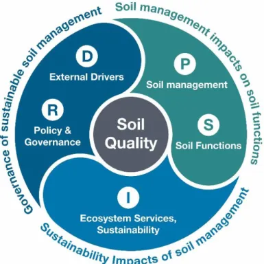 Figure  1.  Three  main  analytical  challenges  for  sustainable  soil  management.  Letters  indicate  the  relationship  to  the  Drivers–Pressure–State–Impact–Response  (DPSIR)  framework  for  analyzing  human/nature interrelations [9]