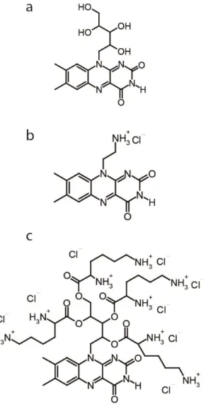 Figure 1. The chemical structure of riboflavin (a) is shown in comparison to the newly synthesized flavin molecules FLASH-01a (b), and FLASH-07a (c)