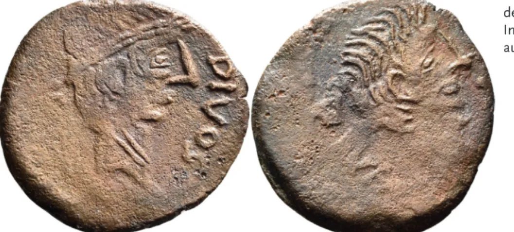 Abb. 1 Æ (Dupondius)  des Octavian (barbarische  Imitation), 30 mm, 8,71 g,  aus Gallien?, um 38 v.Chr.