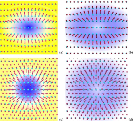 FIG. 3. (Color online) Magnetic moment distribu- distribu-tion within the Skyrmion. Yellow and blue colors in (a) represent schematically the region giving gain and loss of Zeeman energy in the presence of a magnetic field;