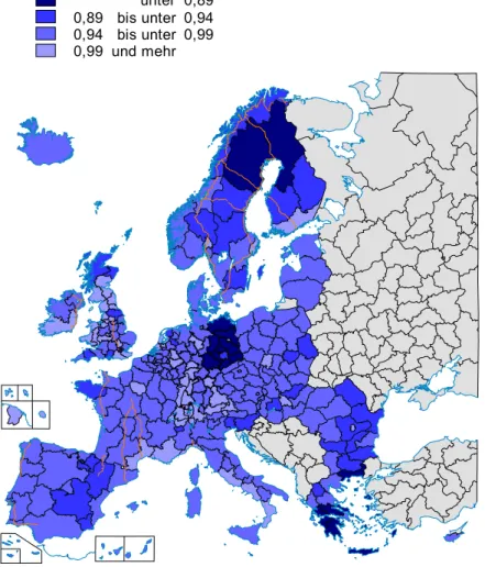 Abb. 7: Geschlechterproportion in europäischen Regionen, 2004 (Frauen/ Männer, 20 bis 29 Jahre)  Quelle: Eurostat; eigene Berechnungen, eigene Grafik 