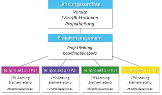 Abb. 1: Gliederung des Hochschulraumstrukturmittelprojektes „Austrian Transition to Open Access  (AT2OA) (Grafik: Tobias Zarka) 