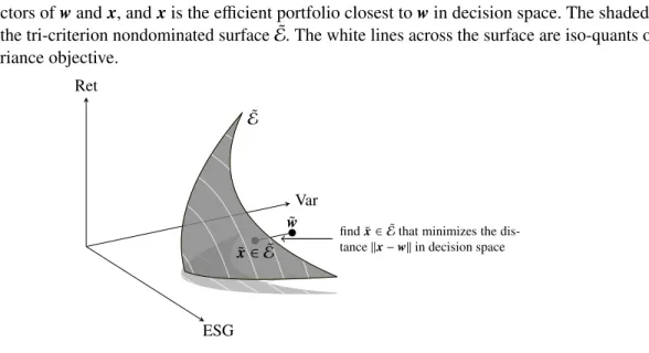 Figure 3: A picture illustrating the inverse portfolio optimization process where ˜ w and ˜ x are the criterion vectors of w and x, and x is the efficient portfolio closest to w in decision space