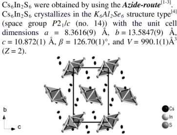 Figure 1. Section of the crystal structure of Cs 6 In 2 S 6  with  trans corner-sharing [In 2 S 6 ] double tetrahedra embedded  between cesium atoms
