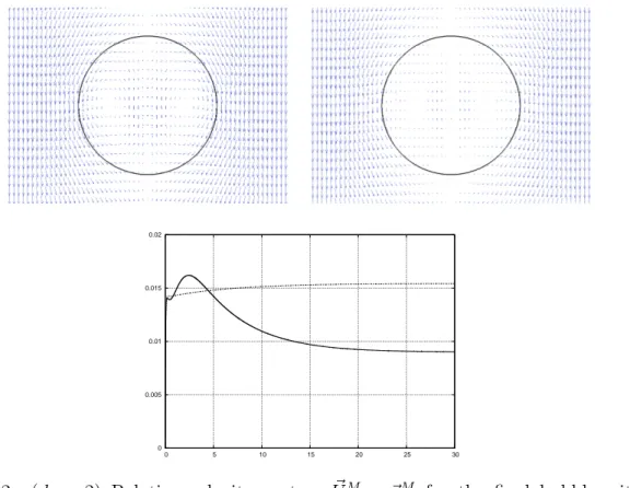 Figure 22: (d = 2) Relative velocity vectors U ~ M − ~v M for the final bubble without surfactant (left) and with surfactant (right) at time T = 30