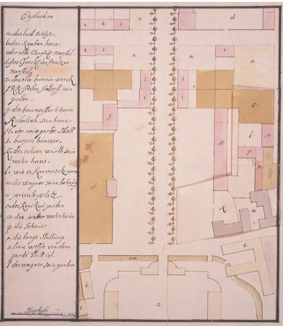 Abb. 3. Plan der Neustadt mit dem Marktplatz und den daran anschließenden Bauquadraten,  entstanden um 1755 (Karlsruhe, Generallandesarchiv, G Schwetzingen 35)