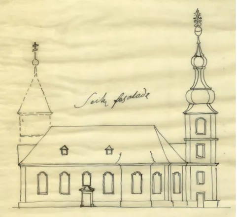 Abb. 5. Diese Skizze von Baumeister Franz Wilhelm Rabaliatti zeigt den bisherigen Kirch- Kirch-turm (gestrichelt) von St