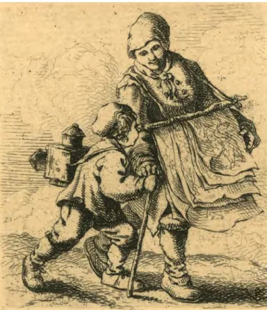 Abb. 8. Eine Krämerin in Begleitung eines Jungen auf einer Radierung von Ferdinand Kobell  um 1770 (Schwetzingen, Stadtarchiv, GS 994)