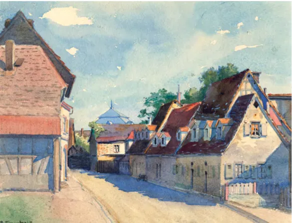 Abb. 9. Ackerbürgerhäuser bestimmten das Bild der Kronenstraße. Aquarell   von P. Fromhold, um 1920 (Schwetzingen, Stadtarchiv, GS 1113).
