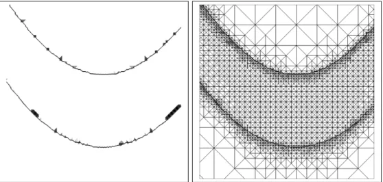 Figure 6: The bottom arc of the rugby ball for γ = 10 − 4 and µ = 1. The distribution of η T E across the interface is shown in the left plot, where darker areas indicate larger error.