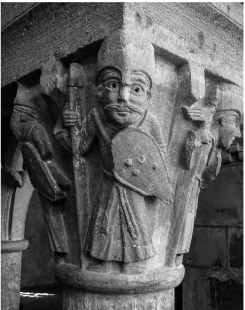Figure 1: Sergent à pied. Chapiteau du cloître de l’abbatiale Sainte-Foy de Conques, début  du XII e  siècle