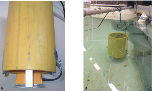 Fig. 19:   A: Geophone attached to a polyethylene floating device B: Geophone floating above the  tank bottom