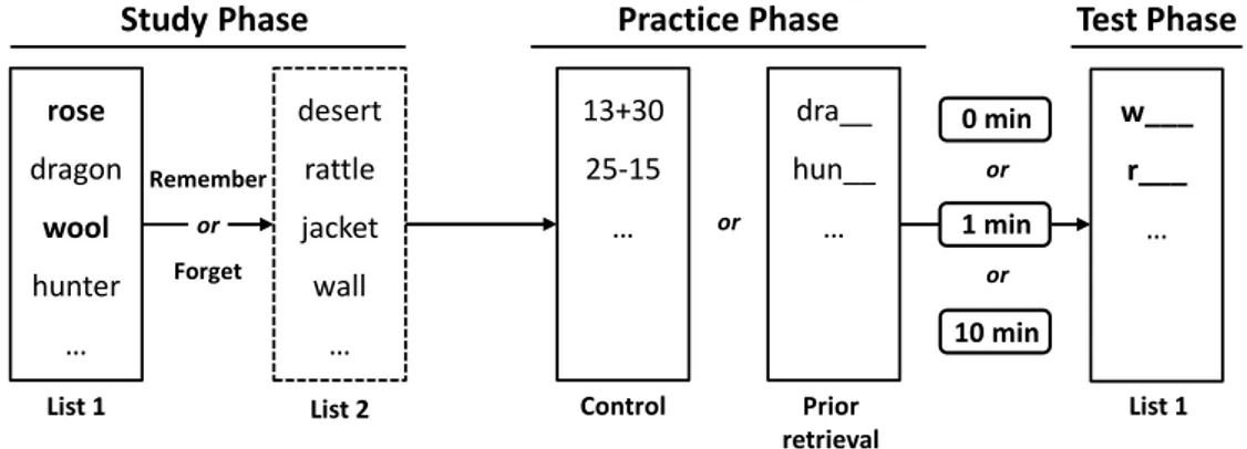 Figure 1. Procedure and conditions employed in Experiment 1. In the study phase, participants studied a first list of items, received a cue either to forget or to continue remembering the list, and then studied a second list of items