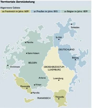 Abb. 1:    Die Entwicklung des luxemburgischen Staatsgebiets seit 1364 (aus Thewes 2008:9)