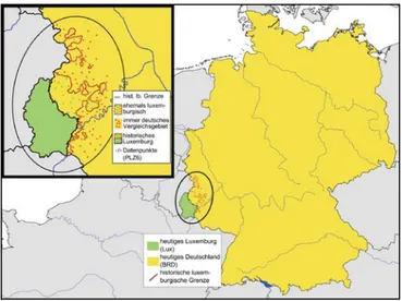 Abb. 2:     Das Untersuchungsgebiet mit historischer Grenze und Datenpunkten   (entsprechend der PLZ-Gebiete)