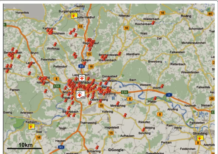 Figure 1 Map showing Regensburg and the surrounding area. Pins indicate sites of emergency calls
