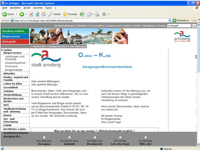 Abbildung 6: Screenshot der Internetseite der Gemeinde Arnsberg/Sauerland 