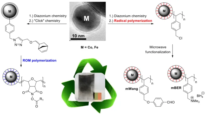 Figure 2. Preparation of polymer-coated magnetic nanoparticles via ROMP or free radical polymeriza- polymeriza-tion leading to highly magnetic as well as high loading reagents and scavengers