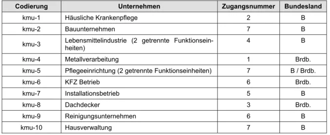 Tabelle  3:  Charakteristiken der 10 KMU, die im BEM mittels manualisierter Hand-  bücher begleitet werden 