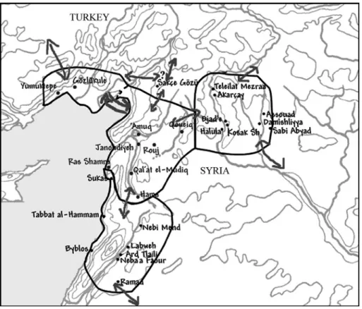 Fig. 1 Regional distribution of pottery assemblages during the Pottery Neolithic (7th millennium BC) in the northern Levant and Middle Euphrates, with indication of the major known sites.