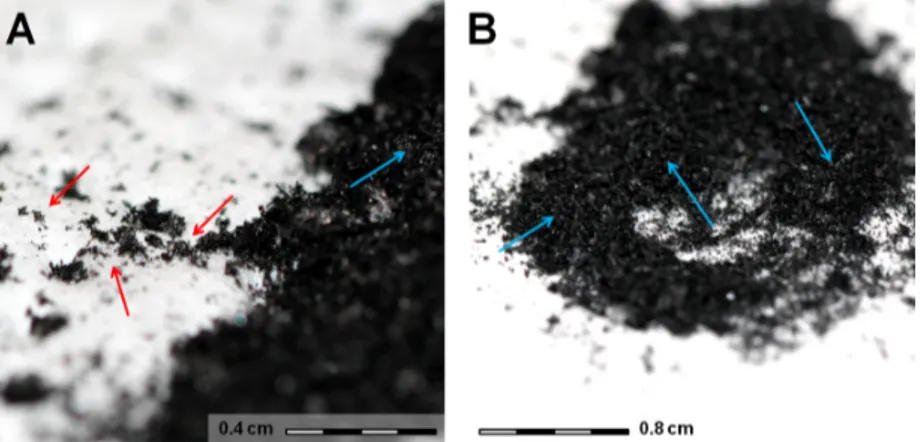 Figure 4.9. Two photos of reduced graphite oxide. It possesses a black texture and a shiny, metallic glare