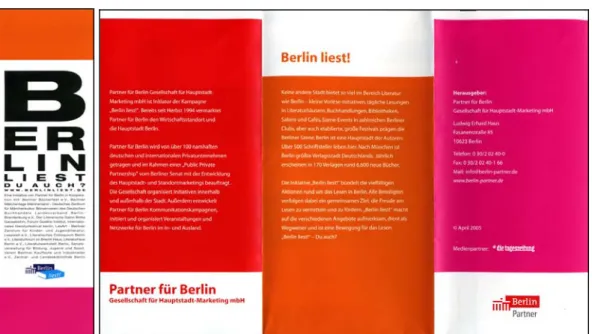Abbildung 8:  Entwürfe zur Kampagne „Berlin liest!“: Lesezeichen, Faltblatt (Ausschnitt)