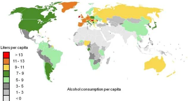 Figure  10:  Alcohol  consumption  per  capita  in  the  year  2006.  [taken  and  adapted  from  (Spanagel  2009) 