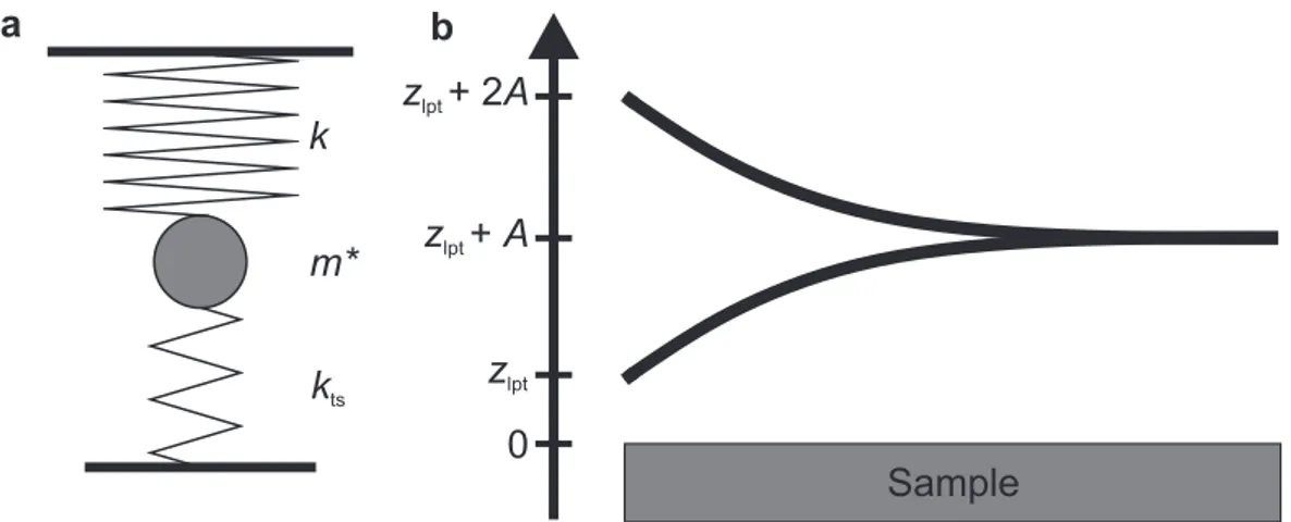 Figure 2.1.: Functional principle of AFM. a, equivalent mass and spring model for an oscillating beam with mass m ∗ and stiffness k