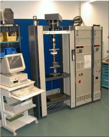Abb. 13. Messplatz des biomechanischen Versuchsaufbaus mit eingespanntem  Präparat in der Zwick-Maschine und die Rechnereinheit 