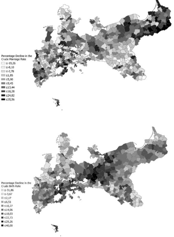 Figure 2: Changes in marriage and legitimate fertility in Prussia, 1875-1910