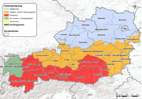 Abb. 2: Karte des WBÖ-Bearbeitungsgebiets (Grundlage für die Dialekteinteilung und die Angabe  der Großregionen: WBÖ-Beiheft 2) 