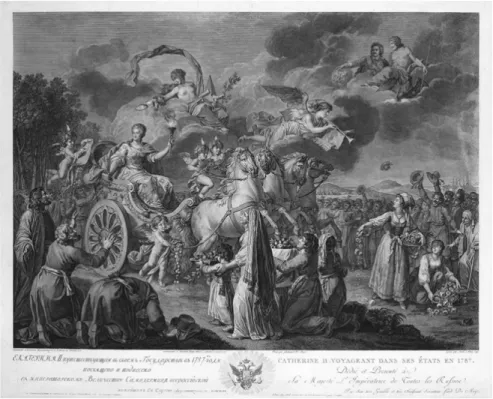 Abb. 7: Katharinas Triumpf. Allegorie auf die Reise der Kaiserin Katharina II. auf die Krim, Gravur von Jean Jacques Avril dem Älteren, 1790