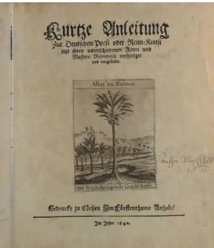 Abb. 1: Herzog Anton Ulrichs handschriftlicher Eintrag auf dem Titel- Titel-blatt  „Anton  Ulrich  HZBVL  1652“  der  „Kurtze[n]  Anleitung  zur  Deutschen Poesi oder Reim-Kunst“ (1640)
