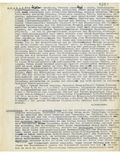 Abbildung 2: Adolf Brenneke: Artikel „Archiv“. Transkription von Wolfgang Leesch.
