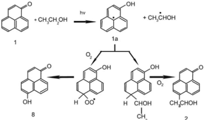 Fig. 2 Radical formation of PN in EtOH. 34 Molecule (1) represents PN, (1a) the ketyl radical, (8) hydroxyphenalenone and (2) a-hydroxyethylphenalenone.