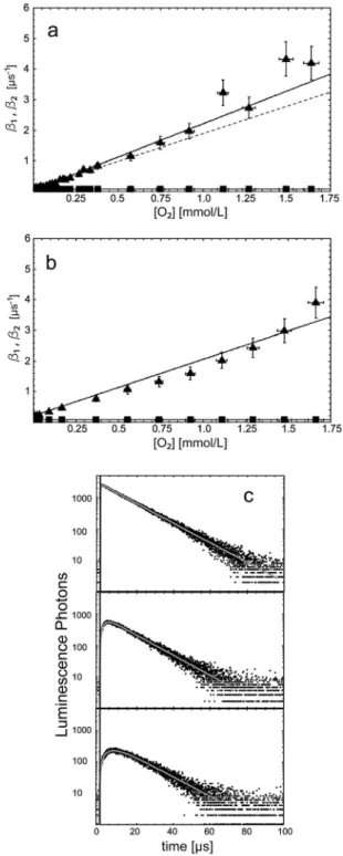 Fig. 5 Dependence of the rise rate b 1 (triangles) and the decay rate b 2 (squares) of the 1 O 2 luminescence signal on the concentration of oxygen with 25 mmol L 1 PN and with linoleic acid (18 : 2)