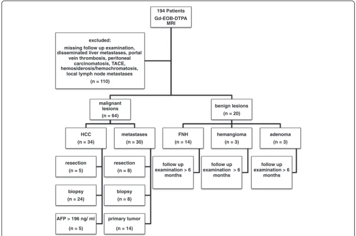 Figure 1 Flowchart of patients and lesions included in this trial. 194 patients underwent Gd-EOB-DTPA-enhanced MRI of the liver