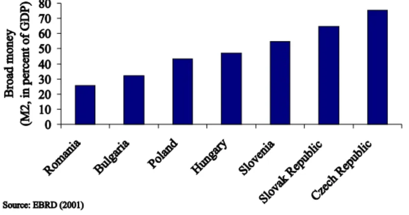 Figure 4.3: Degree of monetisation of transition economies (1999) However, as noted by Bergl¨ of and Bolton (2002), underdeveloped  finan-cial markets are largely an outcome of institutional backwardness and can be linked to progress in introducing market 