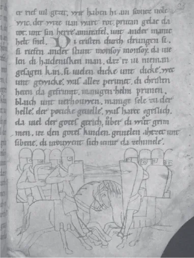 Fig. 1:  Battle between Christians and Pagans. Rolandslied, last quarter of the twelfth  century.