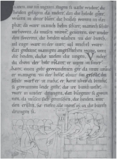 Fig. 2:  Besieging Corderes. Rolandslied, last quarter of the twelfth century.