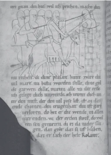 Fig. 3:  Attacking the Temple of Mohammed. Rolandslied, last quarter of the twelfth  century.