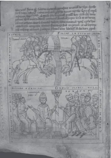 Fig. 5:  Emperor Henry IV engages in battle with his son Henry. Otto Frisigensis,  Chronica sive historia de duabus civitatibus, c. 1175