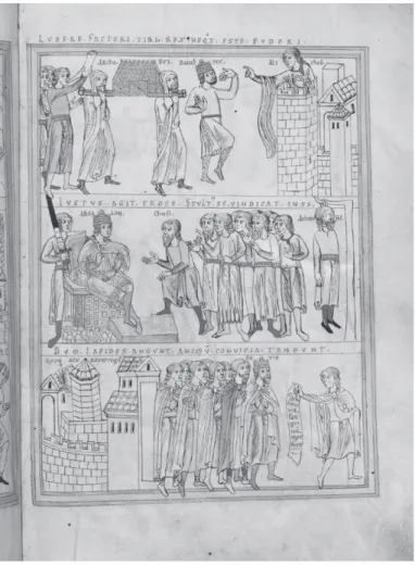 Fig. 7:  Michal watches David bringing the Arc of the Convenant. Petrus Lombardus,  Commentary on the Psalms