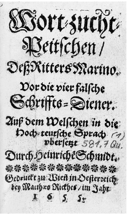 Abb.  5  :  Giambattista  Marino  :  Wort-Zucht-Peitschen, Titelblatt der Ausgabe Wien 1655  ; Herzog August-Bibliothek, Wolfenbüttel.