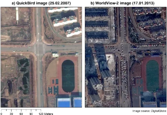 Fig. I-2:  Examplary multi-temporal VHR image pair over Dongying, China. a) QuickBird image acquired on  25.02.2007, b) WorldView-2 image from 17.01.2013
