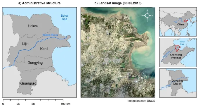 Fig. I-5  Study  area  of  the  Yellow  River  Delta:  a)  Administrative  structure  within  Dongying  district,  b)  Landsat image of the Yellow River Delta