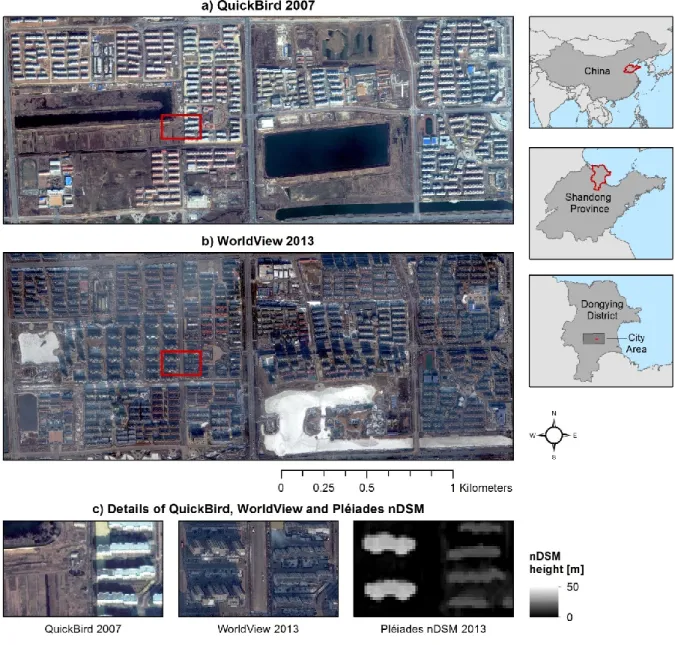 Fig. II-1  Study  area  and  available  data:  a)  QuickBird  data  2007  (t 0 -1),  b)  WorldView  data  2013  (t 0 ),  c)  Detailed views of QuickBird, WorldView and Pléiades nDSM data, respectively