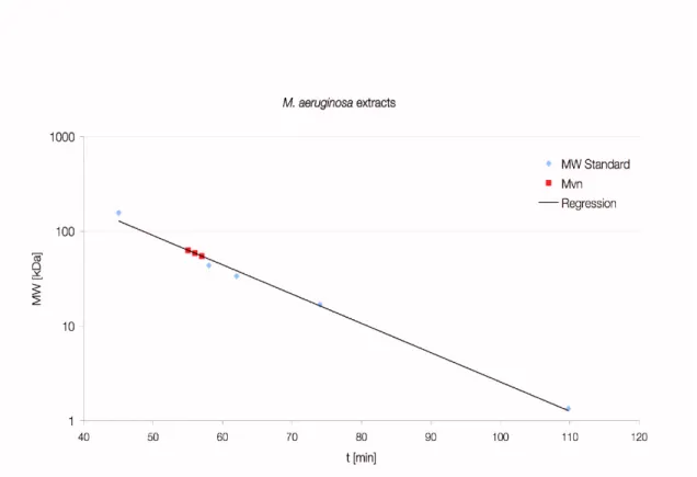 Fig.  12:  Size  determination  of  Mvn  in  M.  aeruginosa  cell  extracts.  Cell extracts were  subjected to gel filtration and Mvn (red squares) eluted after 55-57 min, which corresponds to a  molecular weight of 55-64 kDa