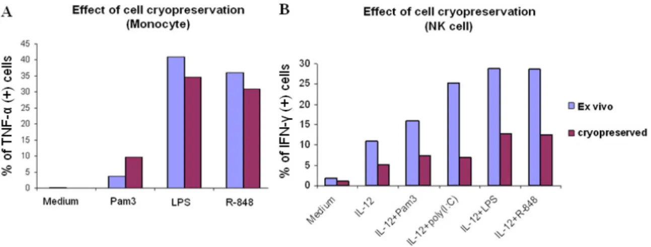 Fig. 4. Effect of cryopreservation in monocytes (A)  and NK cells (B). TLR-ligand-induced cytokine  productions of cells isolated from fresh blood (ex vivo) were compared with the TLR responses of  cryopreserved cells from the same donor