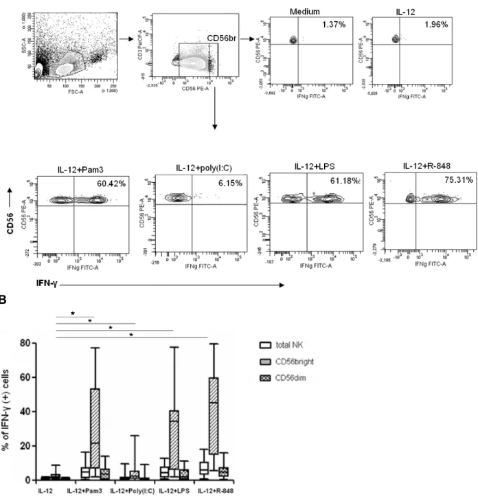 Fig. 8. TLR2/1-, TLR3-, TLR4-, and TLR7/8-agonist-induced IFN-γ response in isolated human NK  cells activated with IL-12 was analyzed by flow cytometry